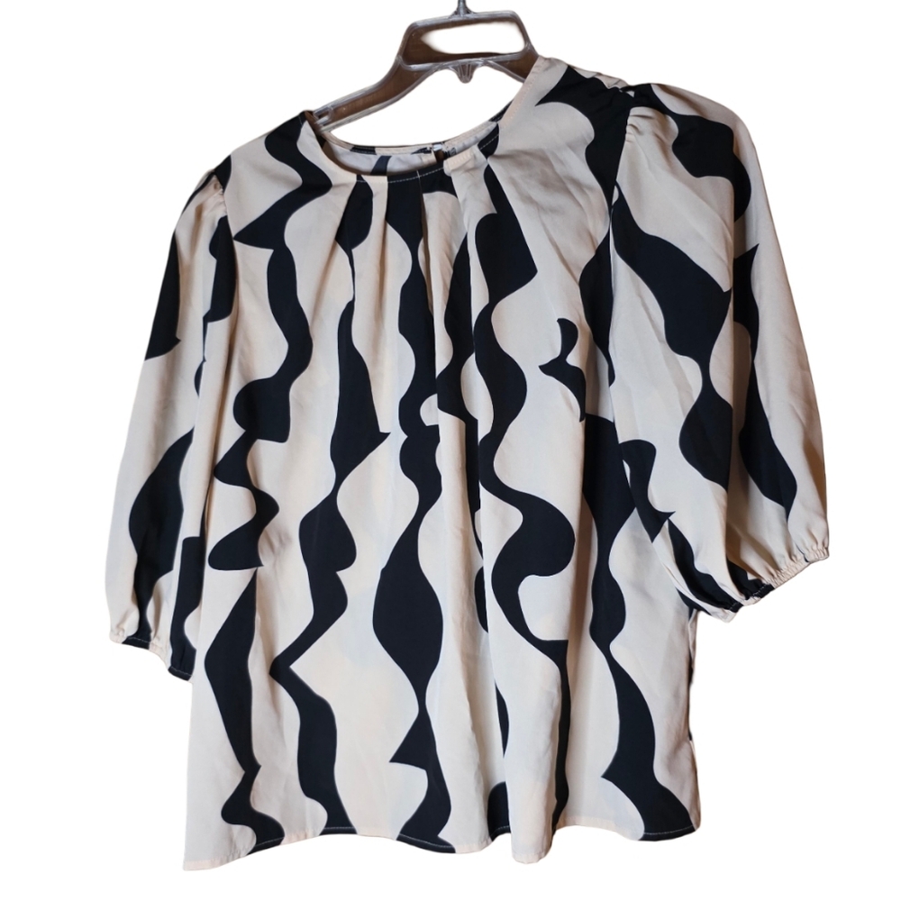 SHEIN Curve Abstract Black & Beige Puff Sleeve Blouse • Size 0XL